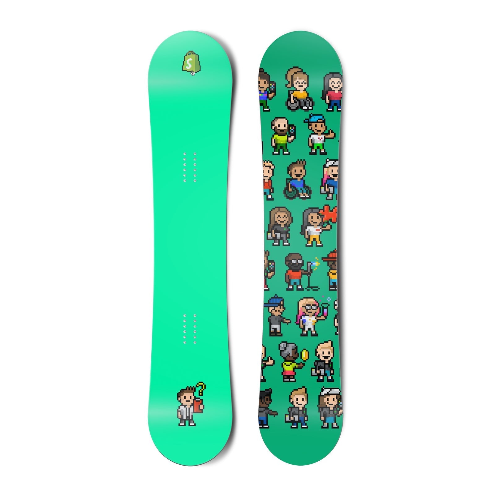 Top and bottom view of a snowboard. The top view shows a pixelated Shopify bag logo and a
        pixelated character reviewing a clipboard with a questioning expression with a bright green-blue background.
        The bottom view is a pattern of many pixel characters with a bright green-blue background.