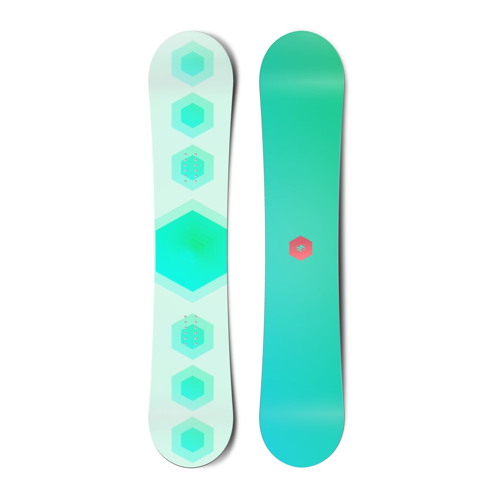 Top and bottom view of a snowboard. The top view shows 7 stacked hexagons and the bottom view
          shows a small, centred hexagonal logo for Hydrogen.